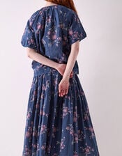 East Layla Floral Print Cotton Midi Skirt, Blue (BLUE), large