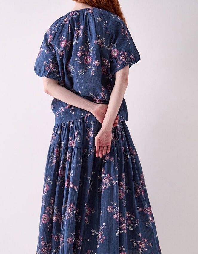 East Layla Floral Print Cotton Midi Skirt, Blue (BLUE), large