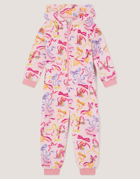 Bow Print Fleece Onesie, Pink (PINK), large