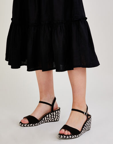 Aztec Design Strappy Wedges Black, Black (BLACK), large