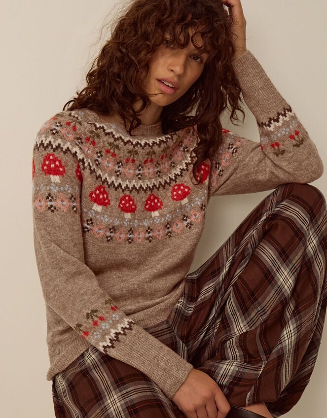 Mia Mushroom Fair Isle Jumper, Mink (MINK), large