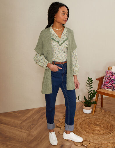Tape Belted Midi Cardigan, Green (KHAKI), large