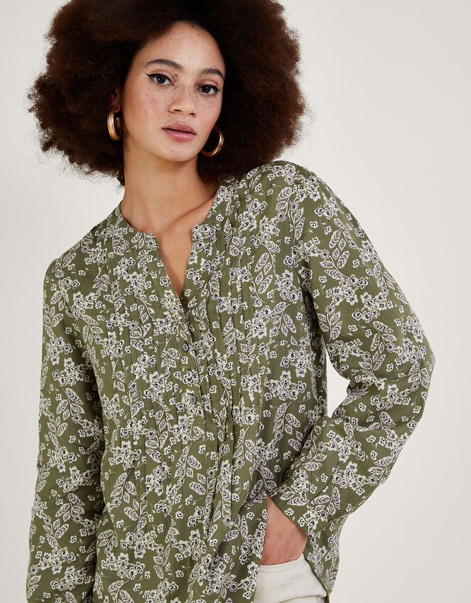 Longline Print Pullover Blouse in LENZING&trade; ECOVERO&trade; , Green (KHAKI), large
