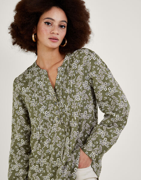 Longline Print Pullover Blouse in LENZING™ ECOVERO™  Green, Green (KHAKI), large