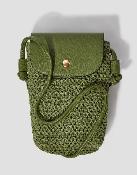 Rosie Raffia Phone Bag, Green (KHAKI), large