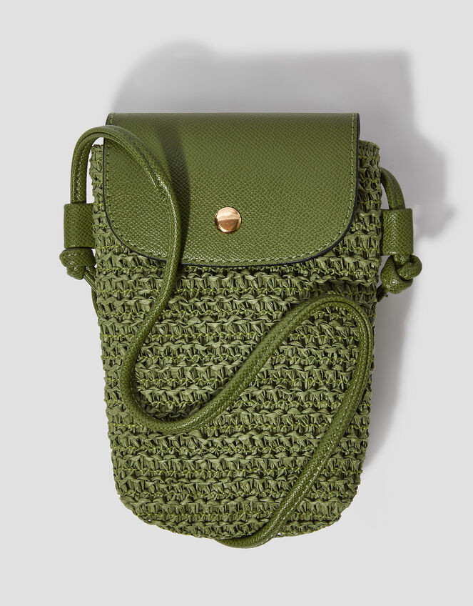 Rosie Raffia Phone Bag, Green (KHAKI), large