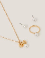 Pearl Bow Pendant Jewellery Set, Gold (GOLD), large