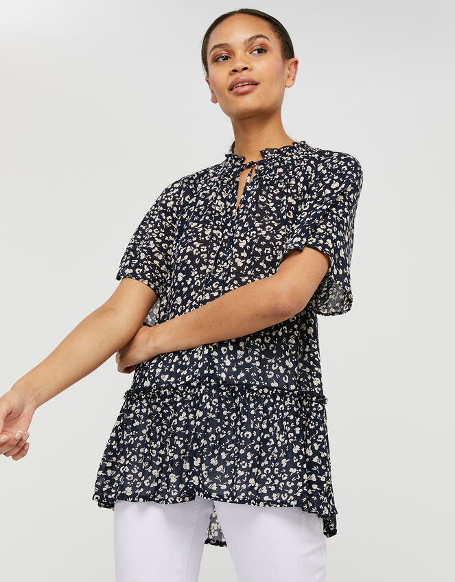 Natalie Printed Blouse in Sustainable Viscose, Blue (NAVY), large