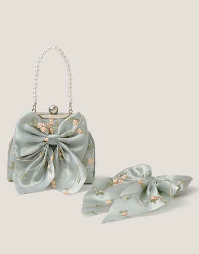 Embroidered Floral Bag & Bow Hair Clip Set , , large