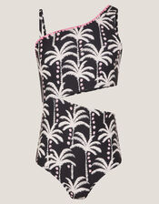 Palm Print Cut-Out Swimsuit, Black (BLACK), large