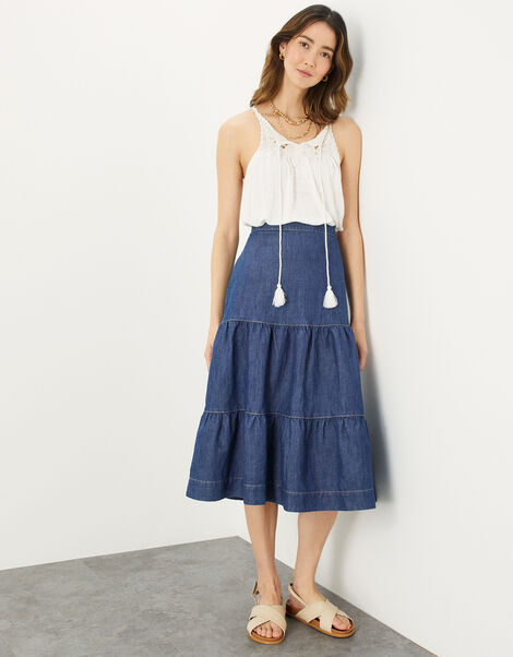 Hemp Denim Tiered Midi Skirt, Blue (DENIM BLUE), large