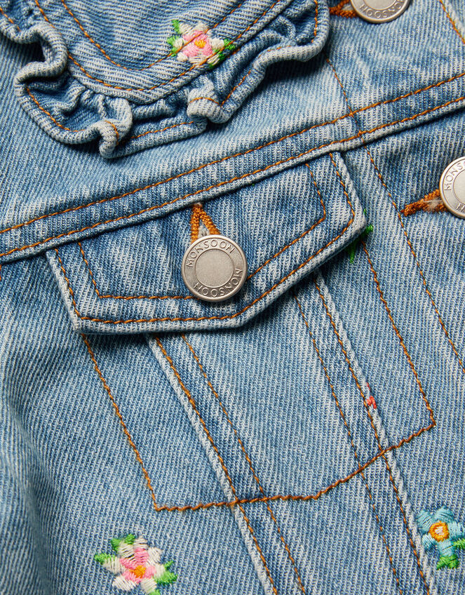Floral Embroidered Denim Jacket, Blue (BLUE), large