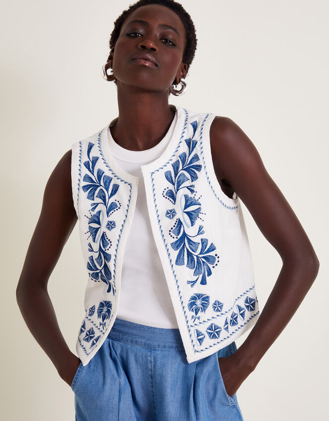 Ola Embroidered Waistcoat, White (WHITE), large
