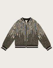 Tweed Jewelled Bomber Jacket, Grey (GREY), large