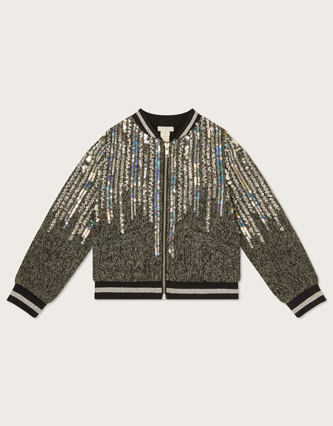 Tweed Jewelled Bomber Jacket, Grey (GREY), large