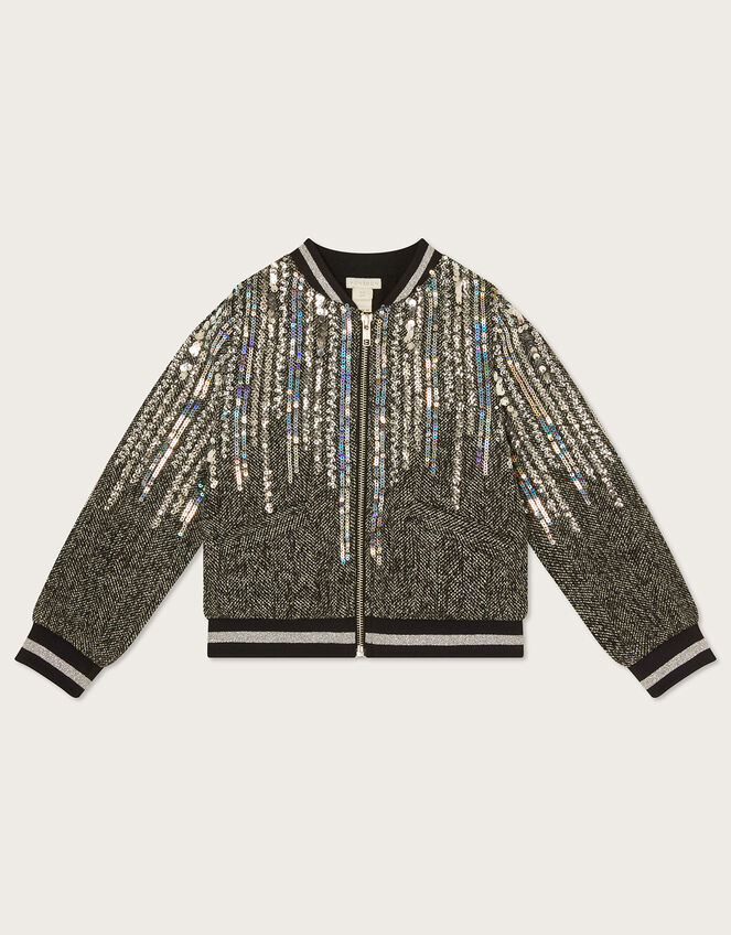 Tweed Jewelled Bomber Jacket, Grey (GREY), large
