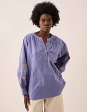 East Anyar Embroidered Cotton Blouse, Blue (MID BLUE), large
