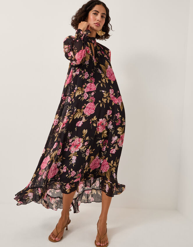 Mariel Floral Print Trapeze Midi Dress, Black (BLACK), large