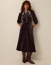 Leith Lace Collar Velvet Midi Dress, Brown (CHOCOLATE), large