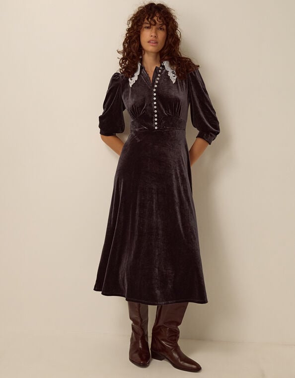 Leith Lace Collar Velvet Midi Dress, Brown (CHOCOLATE), large