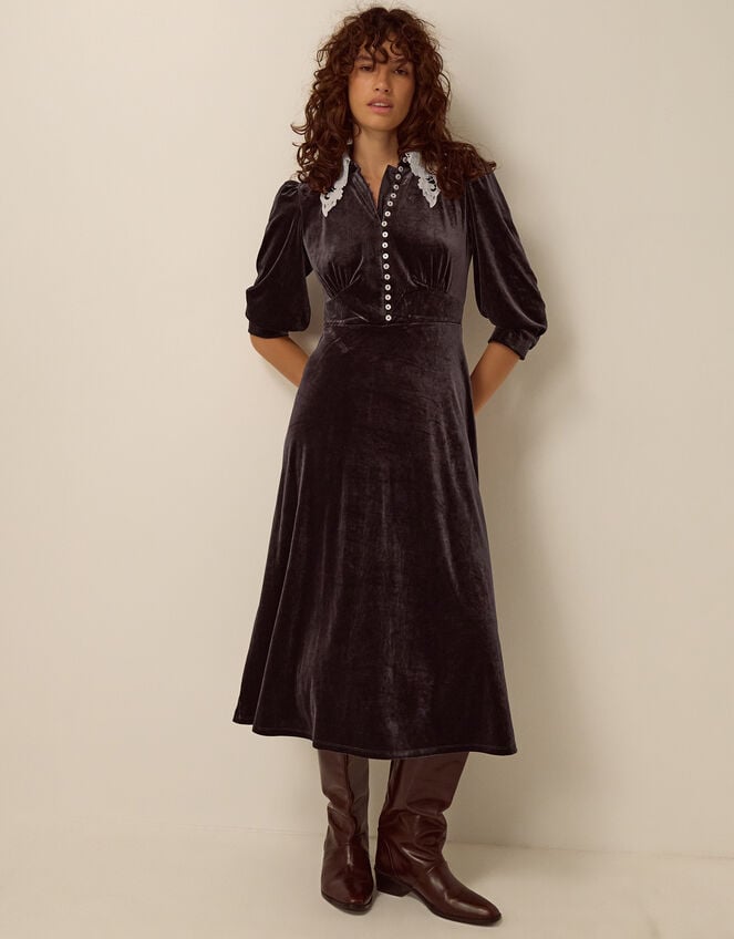 Leith Lace Collar Velvet Midi Dress, Brown (CHOCOLATE), large
