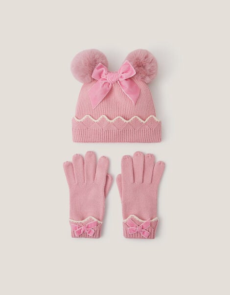 Scallop Beanie Hat & Mittens Set, Pink (PINK), large