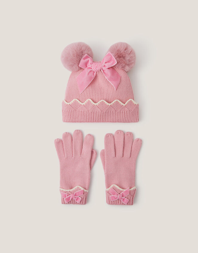 Scallop Beanie Hat & Mittens Set, Pink (PINK), large