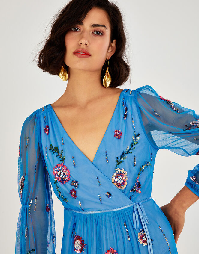 Hattie Embellished Wrap Dress Blue