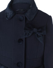 Velvet Trim Coat with Brooch, Blue (NAVY), large