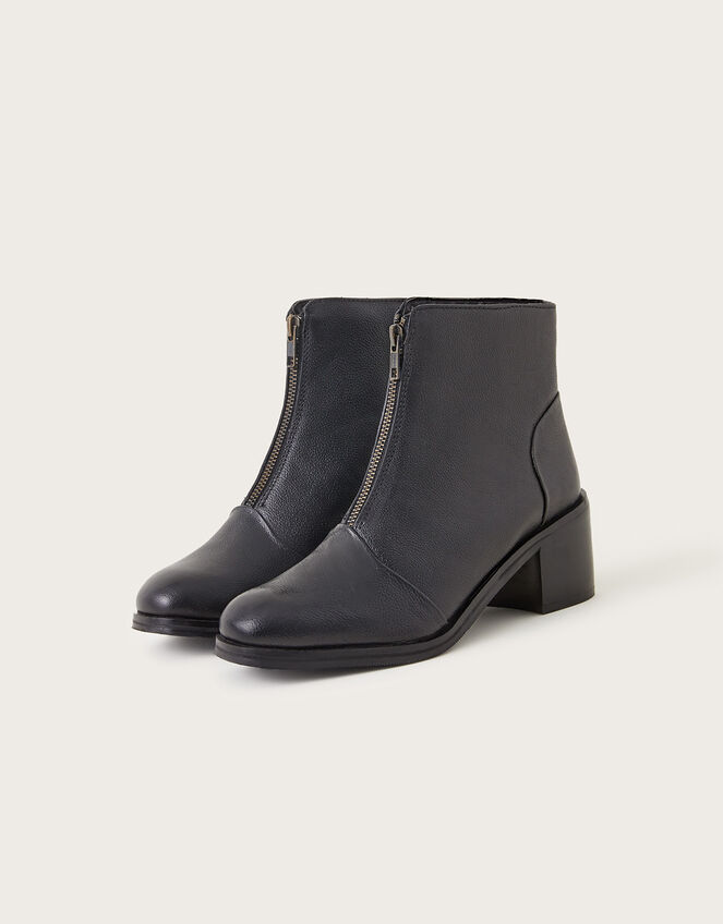 Zip Front Chunky Leather Boots, Black (BLACK), large