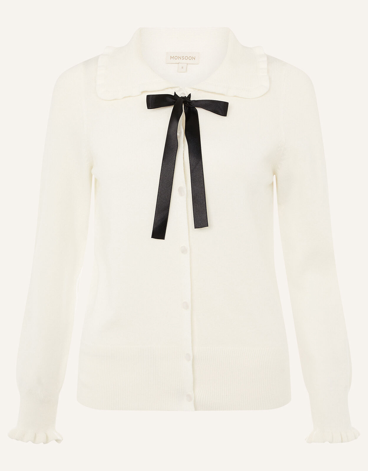 Ribbon Tie Frill Cardigan Ivory