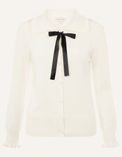 Ribbon Tie Frill Cardigan, Ivory (IVORY), large