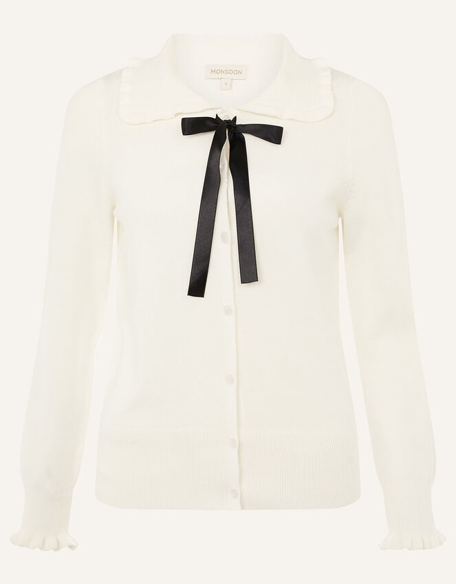Ribbon Tie Frill Cardigan, Ivory (IVORY), large