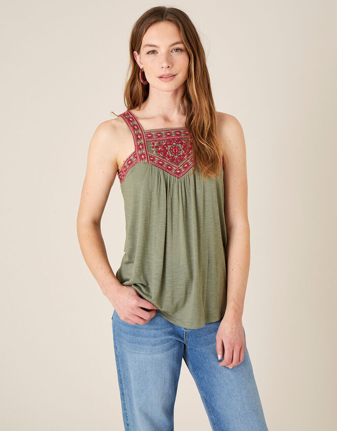 Embroidered Jersey Sleeveless Top, Green (KHAKI), large