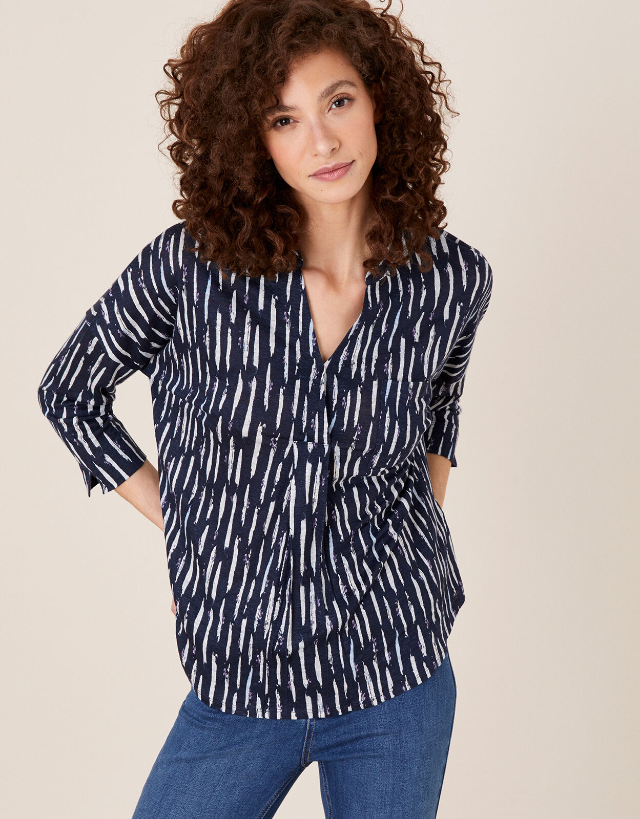 Printed Long Sleeve Top in Pure Linen 