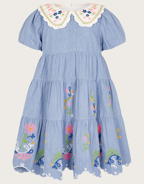 Boutique Chambray Embroidered Collar Dress Blue, Blue (BLUE), large