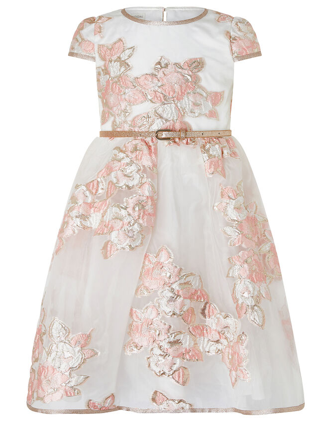 Vanda Organza Jacquard Dress with Glitter Belt, Orange (PEACH), large