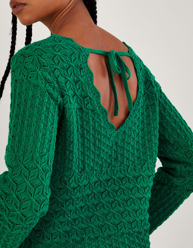 Pointelle Stitch Sweater with Tie Back in Sustainable Cotton, Green (GREEN), large