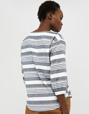 Brooke Stripe Blouse in Linen and Organic Cotton, Blue (NAVY), large
