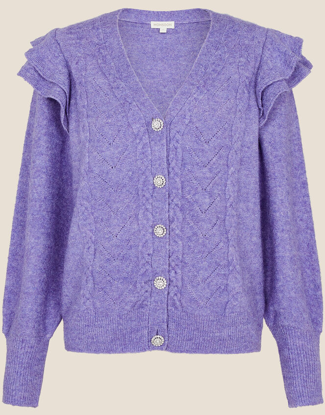 Crystal Button Cable Knit Cardigan Purple