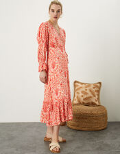 Paisley Print Maxi Wrap Dress, Orange (CORAL), large