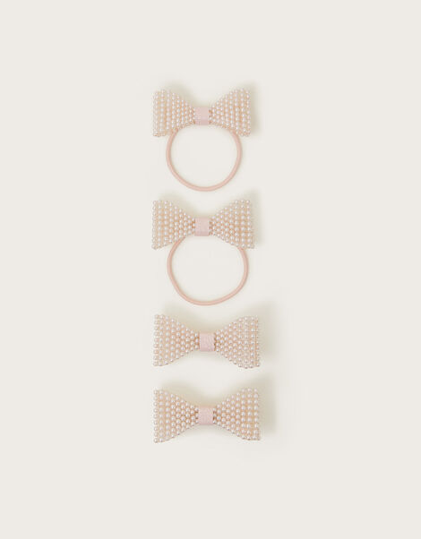 4-Pack Pearl Beaded Bow Hair Set, Pink (PINK), large
