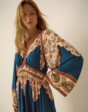 Alexandra Floral Print Boho Midi Dress, Teal (TEAL), large
