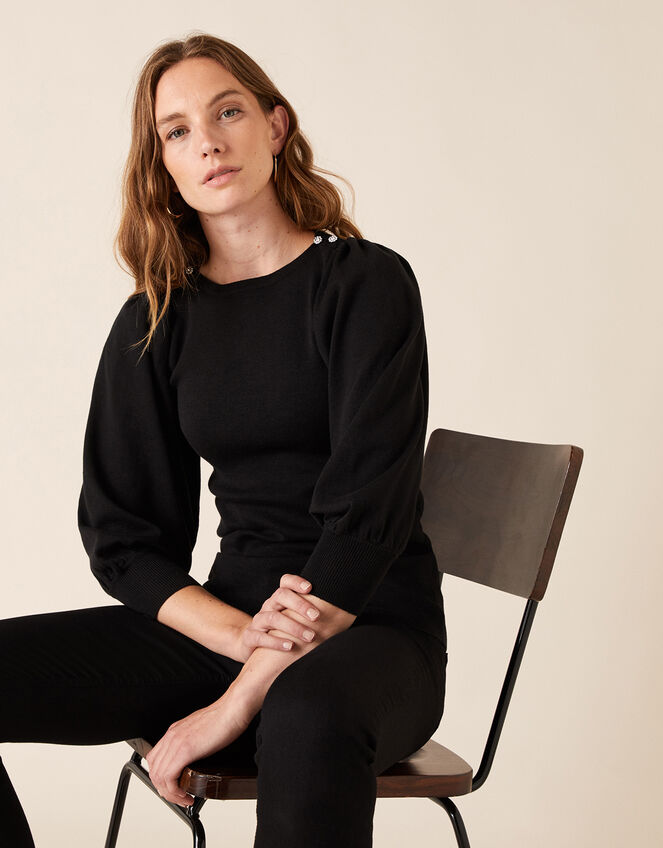 Crystal Button Jumper with Recycled Fabric, Black (BLACK), large