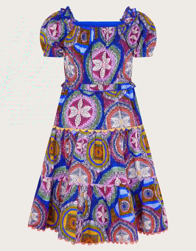 Short Sleeve Scallop Print Dress, Blue (BLUE), large