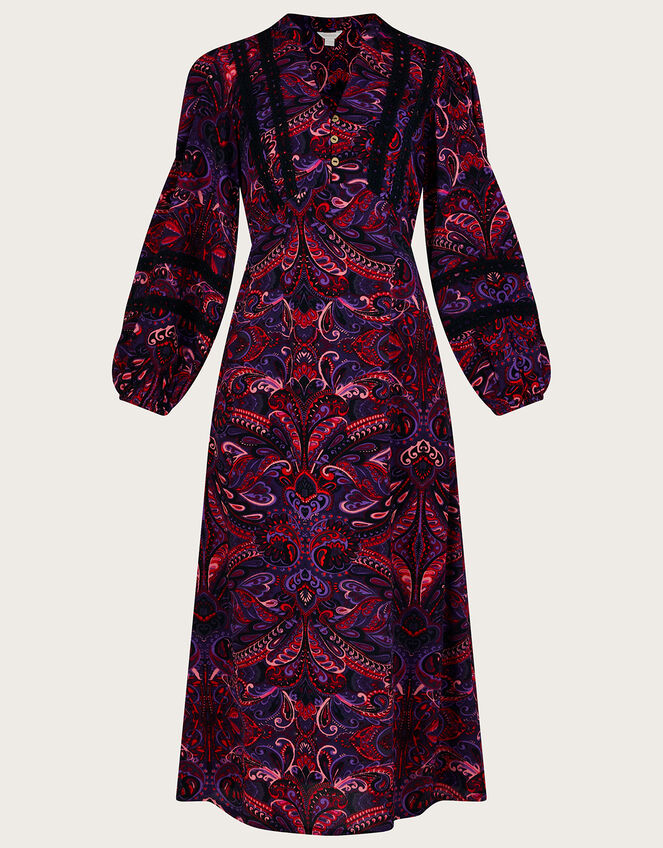 Paisley Print Lace Trim Midi Dress, Black (BLACK), large