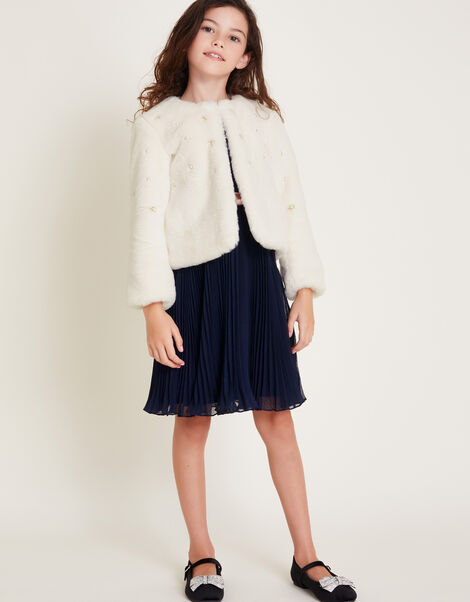 Embellished Faux Fur Coat, Ivory (IVORY), large