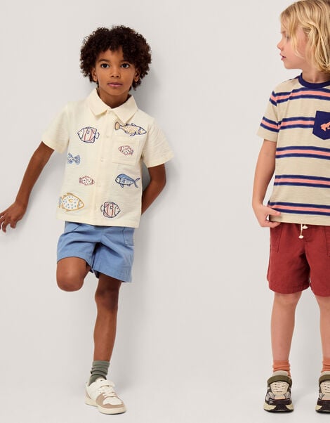 Embroidered Fish Short Sleeve Shirt, Ivory (IVORY), large