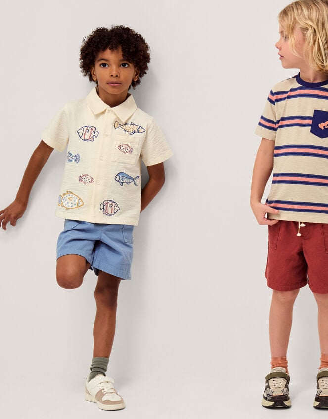 Embroidered Fish Short Sleeve Shirt, Ivory (IVORY), large