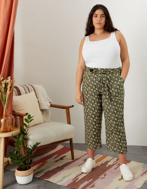 Joanna Linen Crop Trousers, Green (KHAKI), large